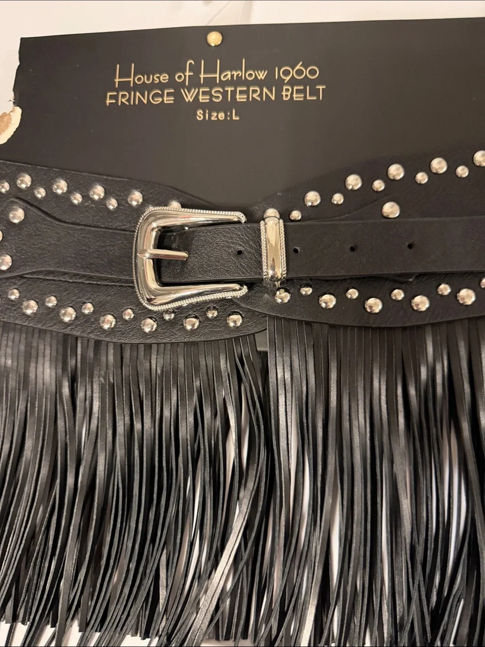 House of Harlow 1960 Black Fringe Western Belt Studded Boho Festival NWT L M